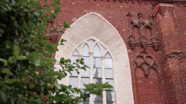 Detailed close-up shot of the Church of St. Francis and St. Bernardino in Vilnius, Lithuania, capturing intricate Gothic brickwork, pointed arch window, and leafy branches in soft daylight.