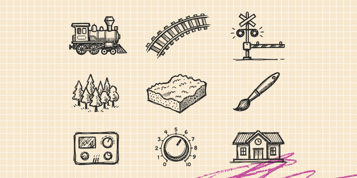 Hand drawn vintage black ink scribble doodle vector set of railway train transport and travel journey icons for creative graphic design