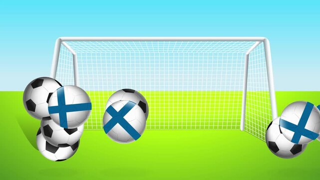 Animated Soccer Balls and Finland Flag Balls Bouncing Near Goal