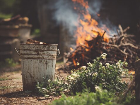 Rustic metal bucket beside a crackling campfire