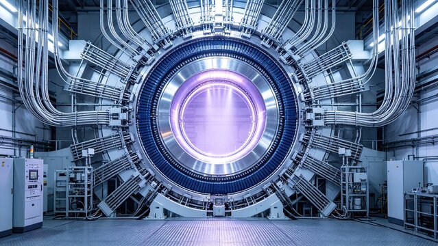 Fusion reactor interior with glowing purple plasma ring, futuristic nuclear fusion energy device.Ideal for science publications, energy innovation presentations, high-tech web banners.