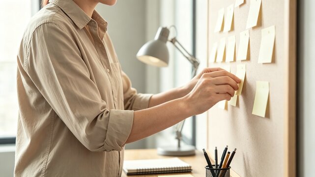 Office Worker Attaching Sticky Notes.Suitable for project planning articles, brainstorming presentations, workflow design and corporate business marketing content.