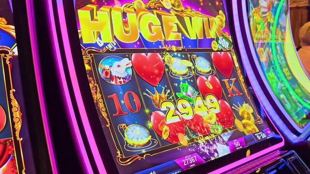 Close-up of a colorful casino slot machine showing a huge win, glowing red reels, rabbit, pocket watches, crown symbols, neon lights, and animated jackpot graphics during bonus gameplay.