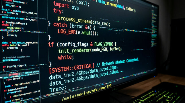 Computer monitor displaying software source code and system logs for programming development.