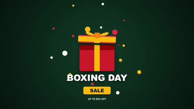 Minimalist Flat Vector Illustration of a Red and Yellow Gift Box with Confetti Particles Celebrating a Boxing Day Sale Promotion Event