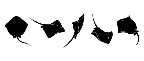 Set of Black Stingray Silhouettes Isolated on White Background © Anisa