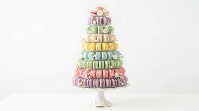Tower of colorful french macarons arranged as a dessert tree on a white stand with macaron tower french pastries sweet treats pastel colors party dessert wedding dessert display