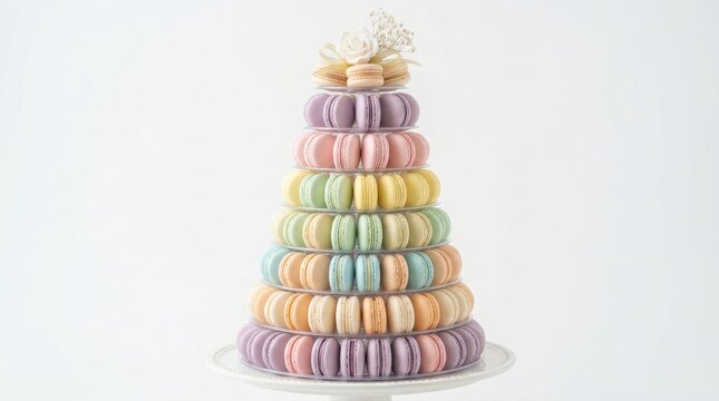 Large pyramid structure made of colorful pastel french macarons on a white background with macaron pyramid macaron tower french pastries sweet treats pastel colors party dessert wedding dessert