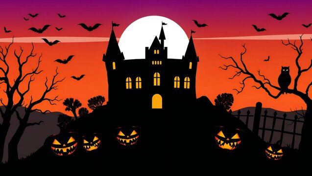Spooky haunted castle with pumpkins and bats against a bright orange full moon halloween sky