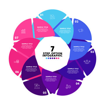 Circle diagram infographic featuring 7 options or steps with icons, suitable for presentation templates and visual report diagrams. editable vector.