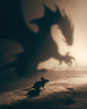 Tiny Mouse Casting Huge Dragon Shadow on Wall for Courage Strength Ambition and Leadership Concept