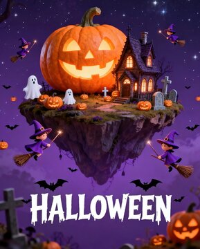 Abstract void holiday‑art scene, swirling luminous particles, warm glow of jack‑o‑lantern, levitating fantasy figures, drifting light trails and glows, rose‑gold cursive font, mysterious dreamlike hal