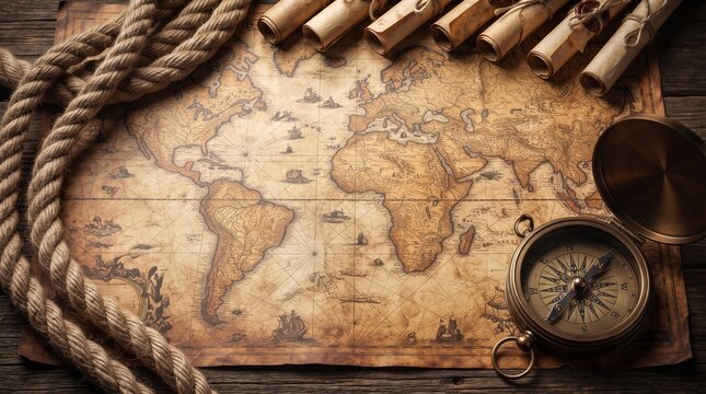Vintage world map with a compass, coiled rope, and rolled scrolls on a rustic wooden table, representing exploration and travel