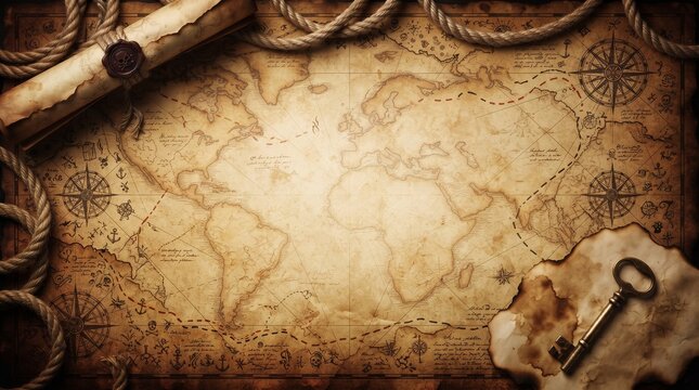 Vintage world map on old parchment paper with a rolled scroll, nautical rope, and an antique skeleton key, conceptual pirate treasure hunt