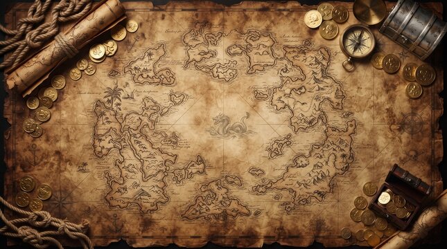 Ancient treasure map with a sea serpent illustration, surrounded by gold coins, a compass, a rope, and a wooden chest on a vintage background