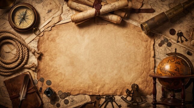 Vintage nautical background with old map, compass, telescope, globe, and antique keys, perfect for adventure or exploration themes