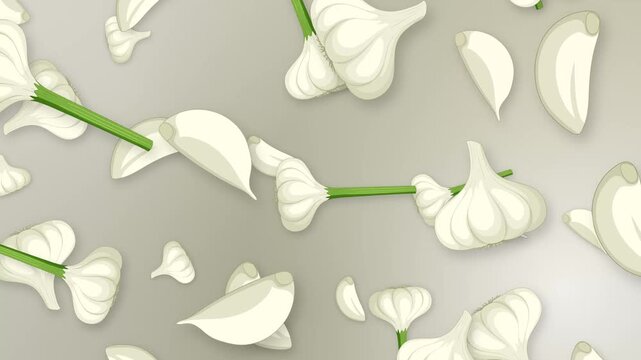 Falling Garlic Bulbs and Cloves Animation on Neutral Mesh Background