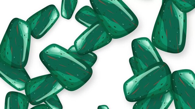 Falling Green Polished Gemstones Animation on White Background