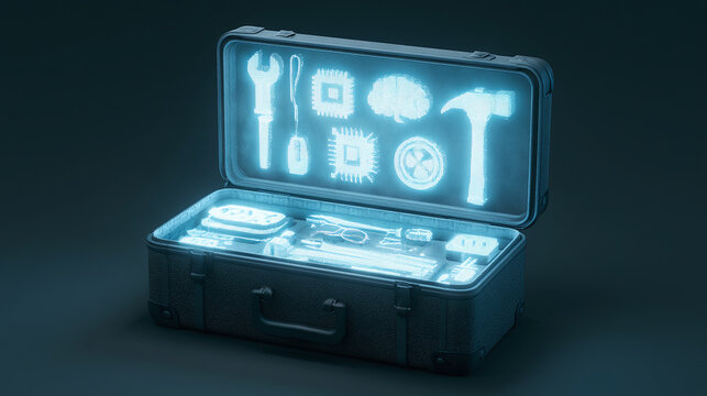 Open Toolbox Filled with Glowing Digital Icons and Holographic Tech Equipment for Software Solutions Concept