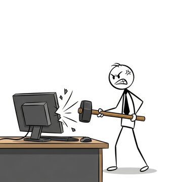 Angry businessman destroying computer screen.