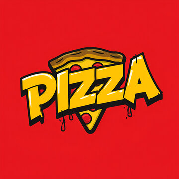 Graphic illustration of a pizza slice with bold stylized typography on a red background.