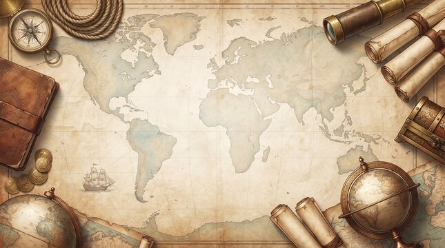 Vintage world map background with antique nautical navigation tools, old scrolls, a compass, and a treasure chest for travel and exploration themes