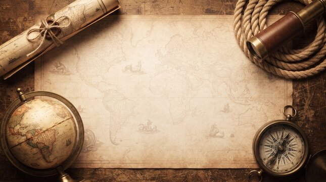 Vintage world map background with antique globe, compass, telescope, and rope on a rustic wooden table, top view with copy space