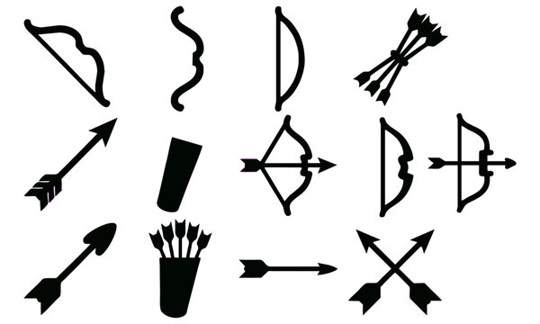 13 Black Bow and Arrow Silhouette Icon Set - Archery, Quiver, Cupid Vector Illustration