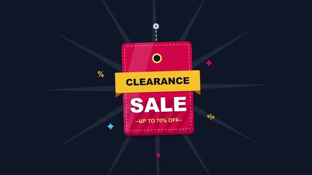 A dynamic digital illustration featuring a vibrant red clearance sale tag with bold typography and discount percentage symbols for retail marketing