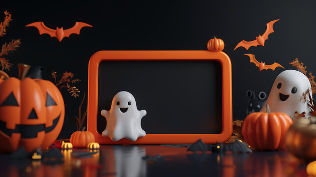 3D Cute Claymorphism Halloween Orange Frame with Vast Central Copy Space for October Event Flyer Design