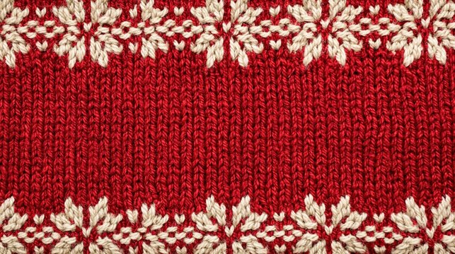 Red knitted wool texture with white snowflake pattern for festive christmas holiday winter seasonal fabric design