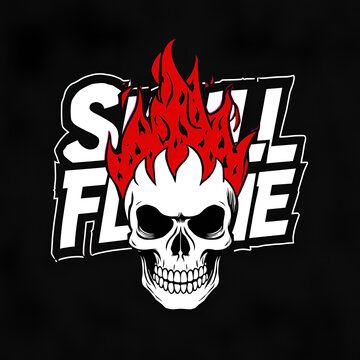 Graphic illustration of a human skull with bright red flames on a black background.