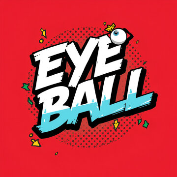 Comic book style lettering design with an eyeball icon on a red background.