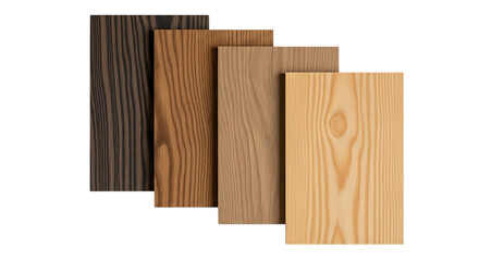 Four wood planks with varying grain patterns and coloration on transparent background texture timber lumber woodgrain paneling surface
