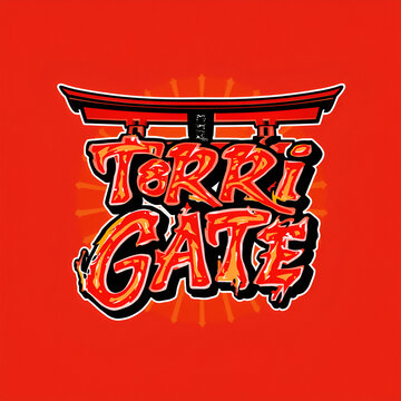 Graphic design featuring a Japanese torii gate symbol with stylized lettering on a red background.