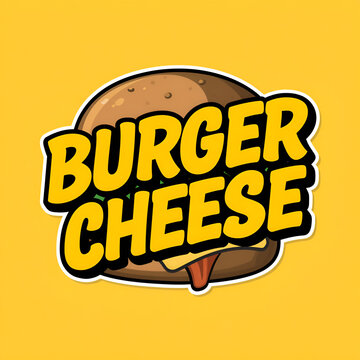 Cartoon style illustration of a cheeseburger with bold text logo on yellow background.