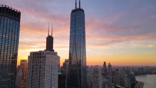Willis Tower Rising Above the Chicago Skyline During a Spectacular Golden Sunset with Warm Orange Light and Dramatic Evening Atmosphere