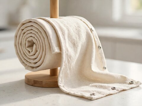 Reusable unpaper towels with snap buttons on a wooden holder in a bright kitchen, eco-friendly washable cloth paper towel alternative for zero waste and sustainable living