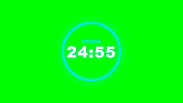 Premium Pomodoro timer featuring 25-minute focus sessions, 5-minute breaks, circular progress visualization, futuristic HUD animations and greenscreen background for study streams and productivity con