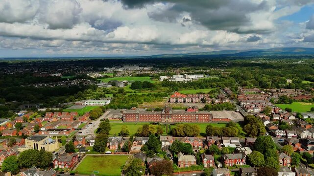 Drone shot over Fulwood business centre and countryside in Preston England