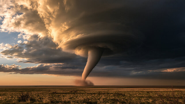 Twisting Fury: A powerful tornado, a swirling vortex of wind and debris, dominates the sky above a flat, arid landscape under a dramatic, storm-laden sky, showcasing nature's raw, destructive might.