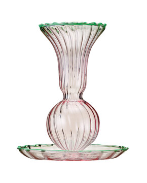 Optic glass bud vase with saucer in pink and green, delicate handmade glassware on white