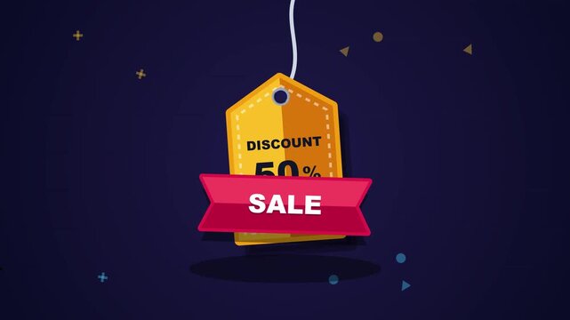 A 3D motion graphic animation of a yellow discount price tag swinging with a red sale banner overlay indicating a fifty percent price reduction