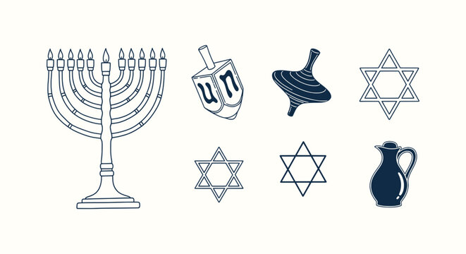 Hanukkah Symbols Vector Set with Menorah Dreidel David Star and Oil Pitcher for Jewish Holiday
