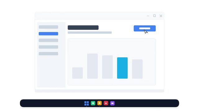 Digital interface animation showing professional data analytics software with a sleek cursor clicking a button for business growth metrics