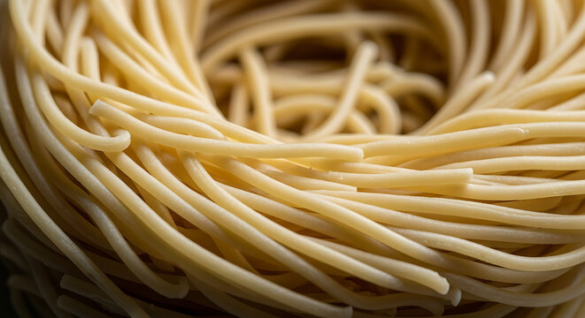 Uncooked golden spaghetti strands arranged in a flowing pile showcasing Italian pasta texture and nourishment for culinary packaging recipe websites restaurant menus and food marketing campaigns
