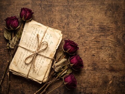 Vintage Love Letter with Dried Red Roses on Rustic Wooden Background, Romantic Nostalgic Still Life
