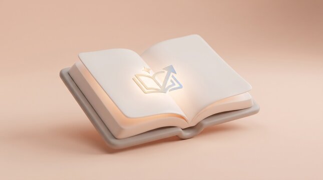 3D digital book icon with glowing pages, isolated on pastel peach background for e-learning, knowledge sharing, online education and modern study.