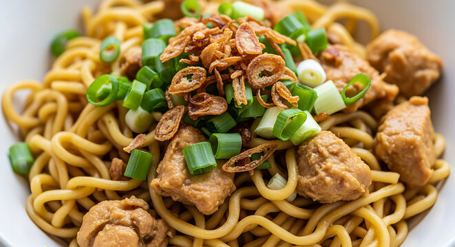 Savory stir fried noodles with tender chicken pieces scallions and crispy onions served in a bowl for a flavorful Asian inspired meal lunch or dinner with fresh ingredients