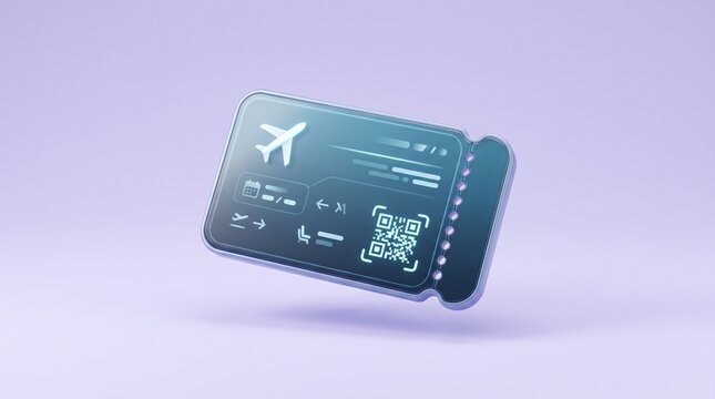 3D digital travel ticket icon with airplane symbol and perforated details, isolated on pastel lavender background for booking, tourism and transportation.